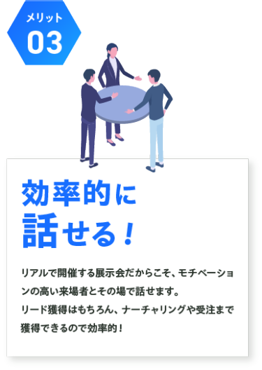 【メリット03】効率的に 話せる！：リアルで開催する展示会だからこそ、モチベーショ ンの高い来場者とその場で話せます。 リード獲得はもちろん、ナーチャリングや受注まで 獲得できるので効率的！
