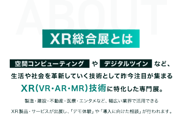 XR総合展とは　空間コンピューティングやデジタルツインなど、 生活や社会を革新していく技術として昨今注目が集まる XR (VR・AR・MR)技術に特化した専門展。