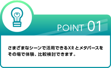 Point 01 さまざまなシーンで 活用できるXRをその場で体験、比較検討できます。