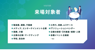 VISITOR　来場対象者　●製造業、建築、不動産 ●メディア、エンターテインメント企業 ●医療、介護 ●企業の広報・マーケティング ●学校、自治体 ●小売り、流通、eコマース ●ITソリューションベンダー ●企業の経営・DX推進・総務・人事 ●各種イベント主催者 …など
